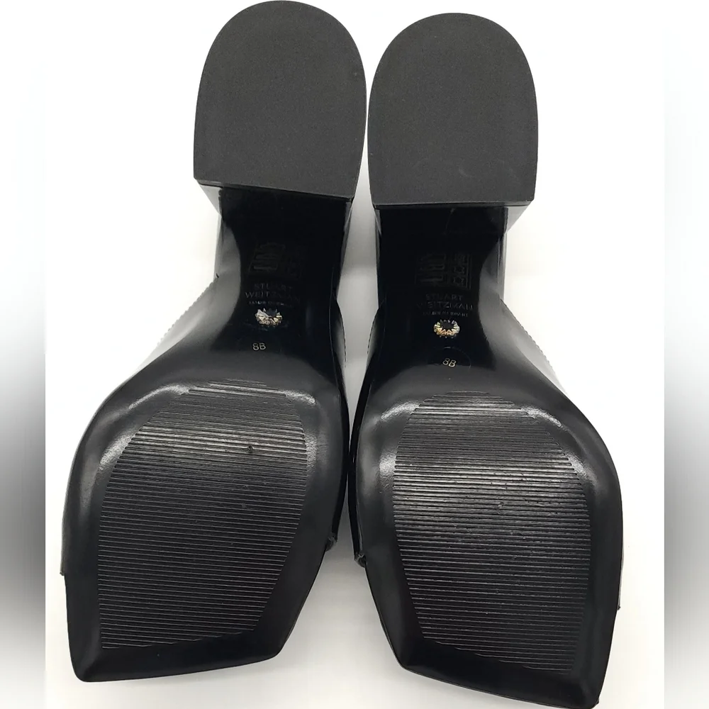 $525 Stuart Weitzman TIA 85 Flareblock Black Patent Open Toe Slide Size 8